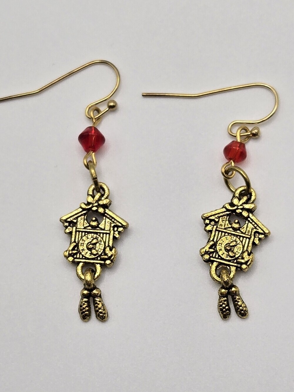 Cuckoo Clock Antiqued Gold Tone Dangle Earrings Handmade Jewelry Bird Red